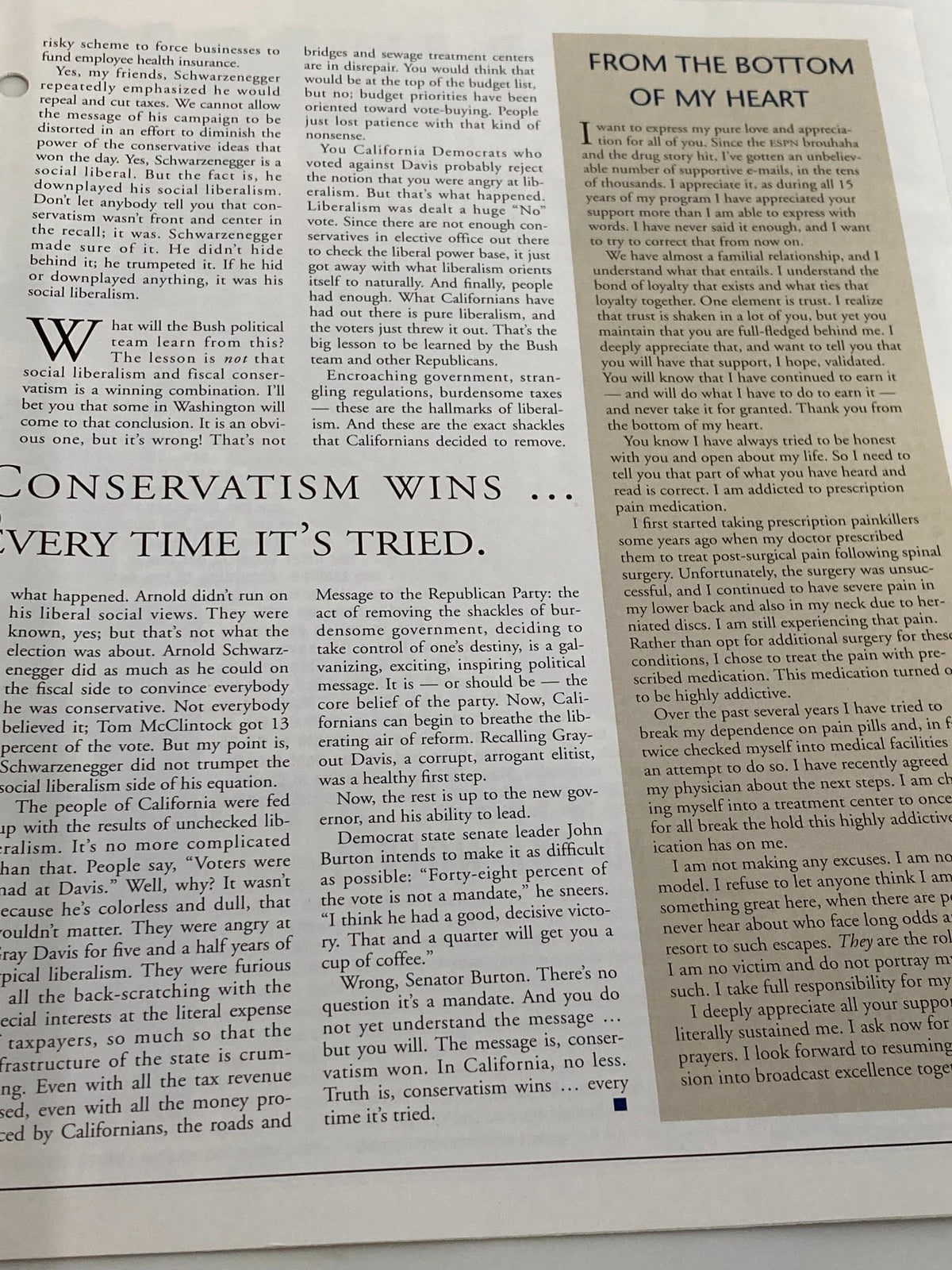 Another inside page of the Rush Limbaugh Letter Newsletter Magazine October 2003 highlighting the message 'Conservatism Wins Every Time It's Tried'.