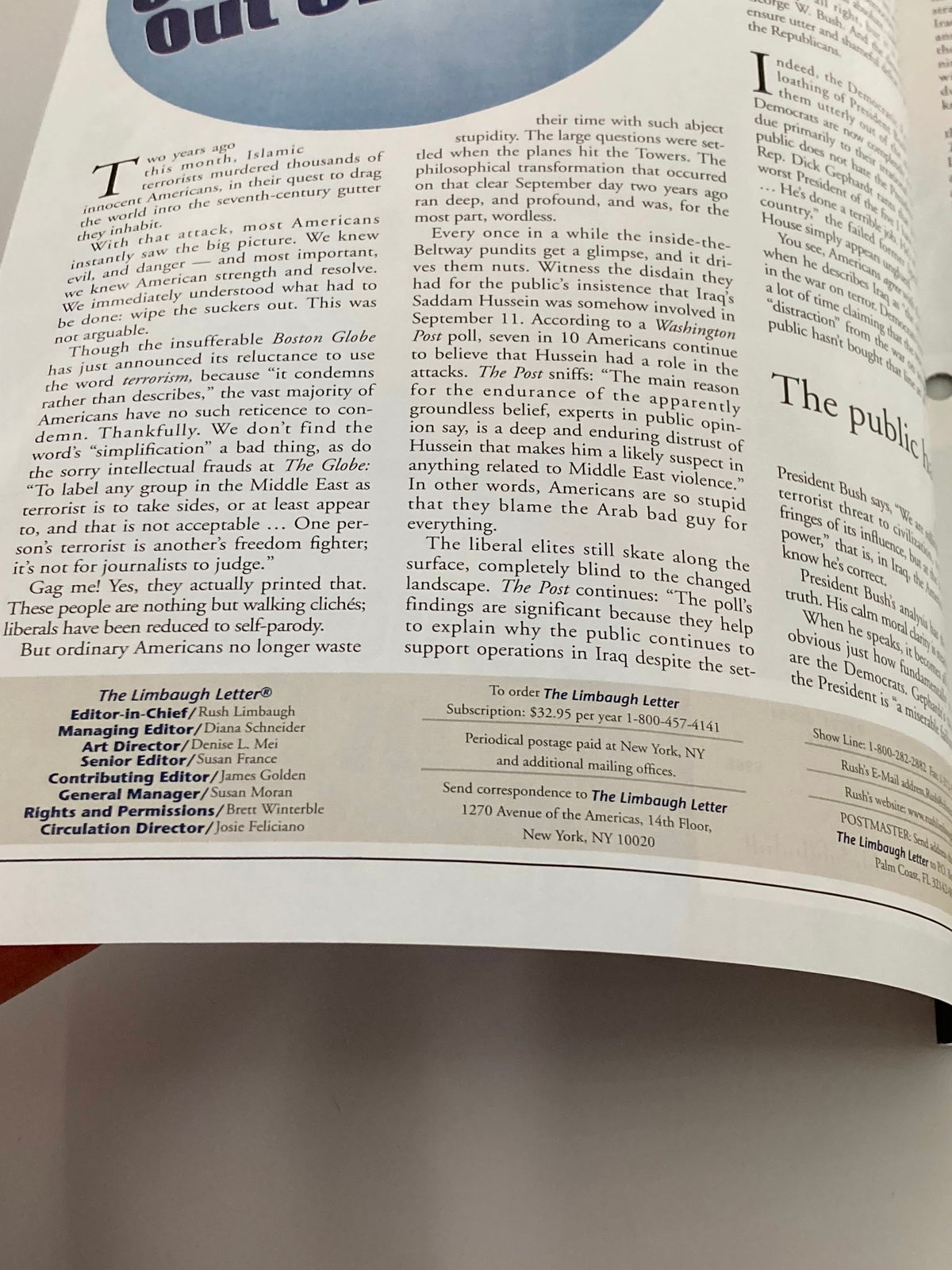 Inside page of the Rush Limbaugh Letter Newsletter Magazine, September 2003, displaying commentary and articles relevant to the political landscape of the early 2000s.