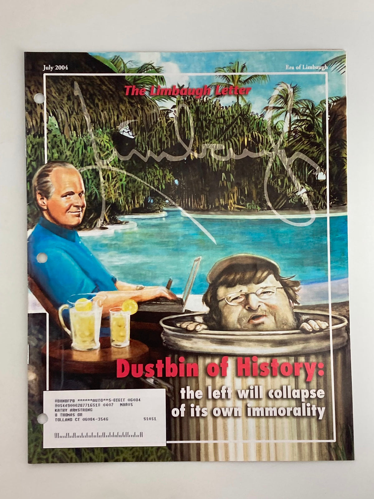 Cover of the Rush Limbaugh Letter Newsletter Magazine, July 2004 edition titled 'Dustbin of History', featuring an illustration of Rush Limbaugh at a pool with a humorous political message.