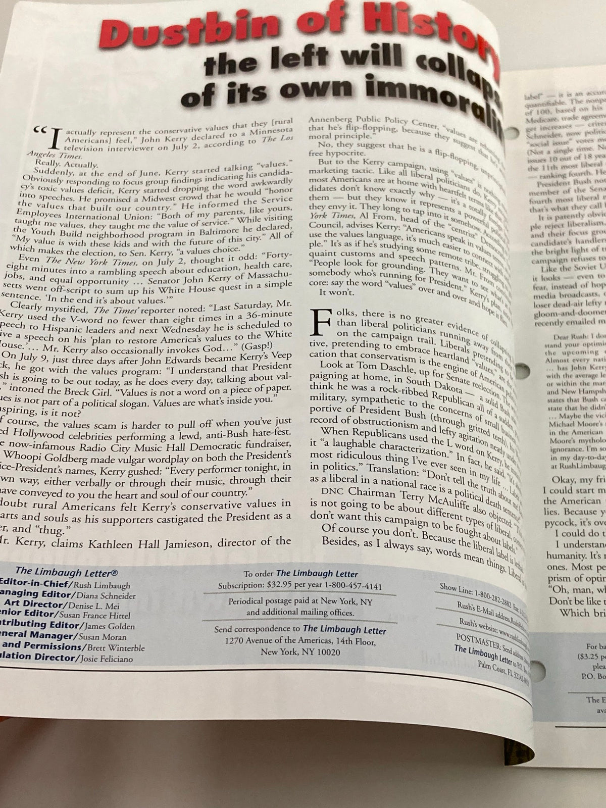 Inside page of the Rush Limbaugh Letter Newsletter Magazine, July 2004, showcasing articles and commentary under the title 'Dustbin of History: the left will collapse of its own immorality'.