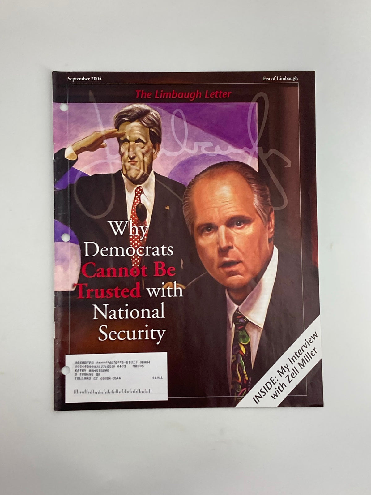 Cover of the Rush Limbaugh Letter Newsletter Magazine September 2004, featuring an image of Rush Limbaugh and a statement on national security addressing why Democrats cannot be trusted.
