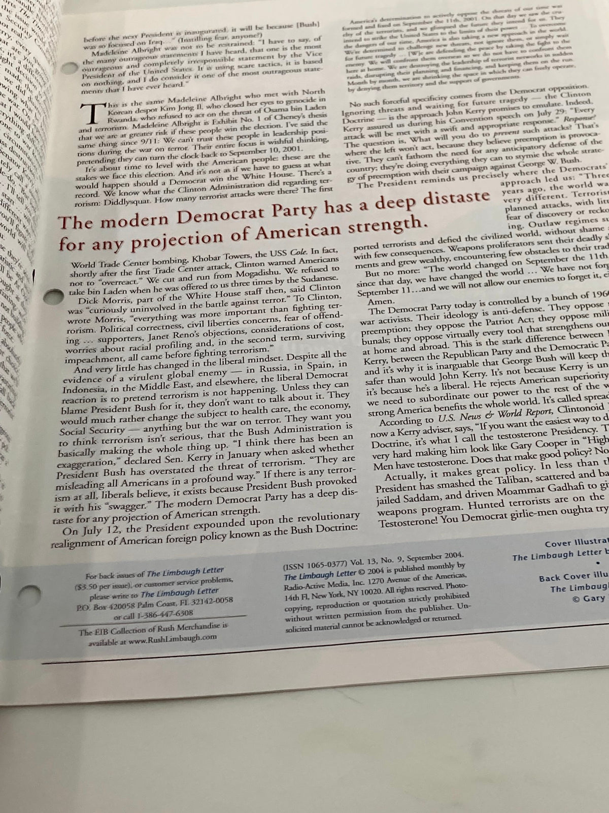 Another interior page of the Rush Limbaugh Letter Newsletter Magazine September 2004, discussing the Democratic Party's stance on American strength and national security.