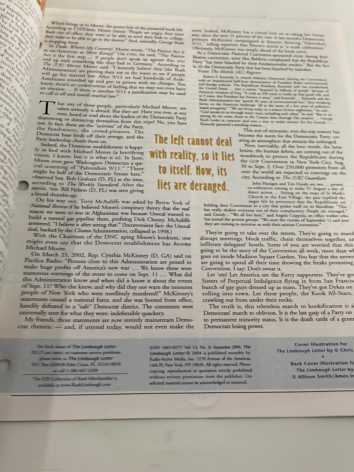 Another interior page of the Rush Limbaugh Letter Newsletter Magazine August 2004 emphasizing a critical perspective on political narratives and the Democratic Party.