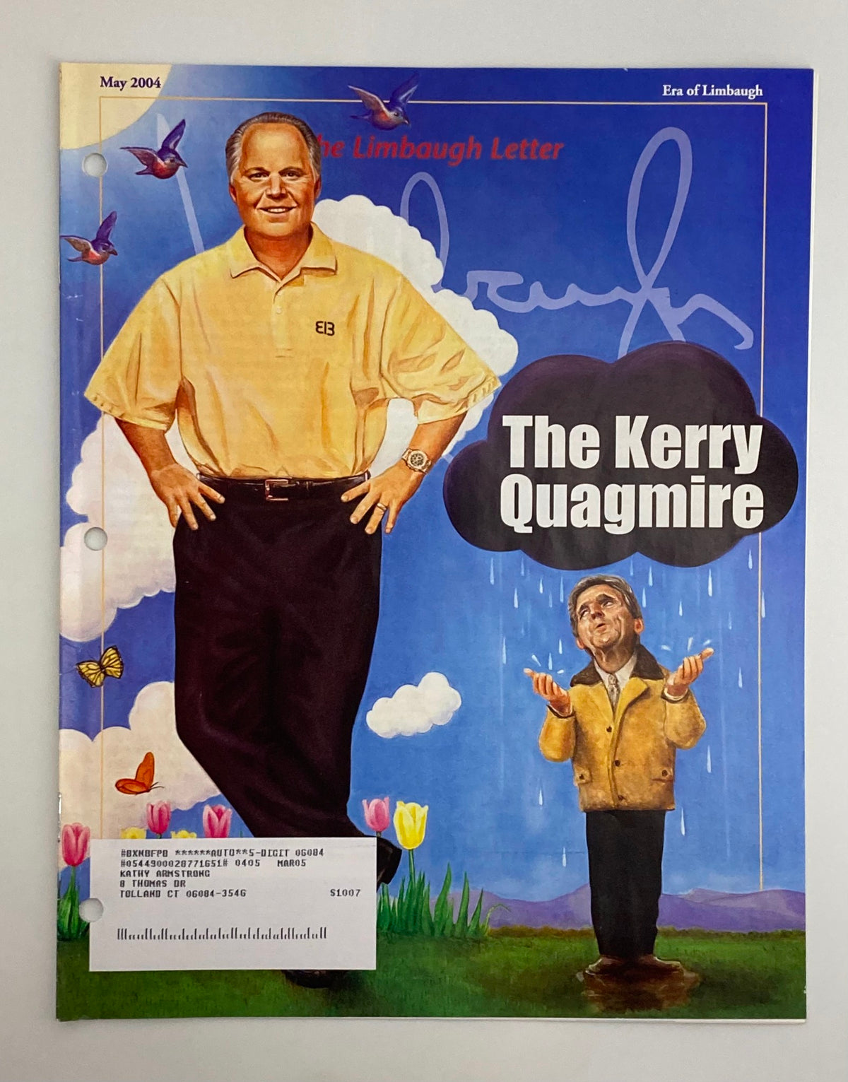 Rush Limbaugh Letter Newsletter Magazine cover from May 2004, featuring a caricature of Rush Limbaugh standing next to a rain cloud labeled 'The Kerry Quagmire'.