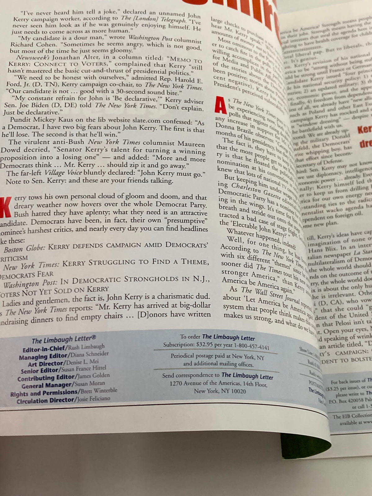 Interior page of the Rush Limbaugh Letter Newsletter Magazine May 2004, discussing John Kerry's campaign and featuring article excerpts on Kerry's struggles.