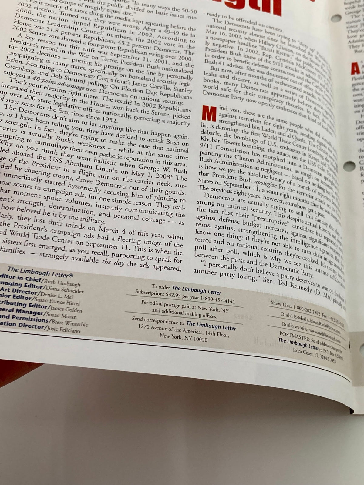 Inside view of the Rush Limbaugh Letter Newsletter Magazine April 2004 displaying articles and commentary on political events with emphasis on Bush's presidency.