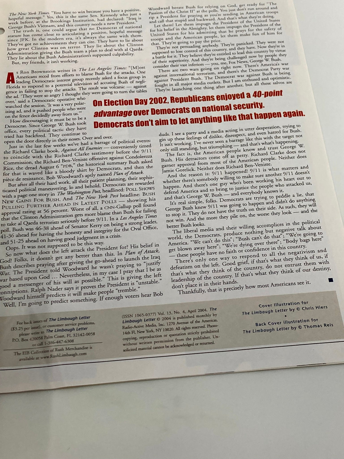 Rush Limbaugh Letter Newsletter Magazine April 2004 featuring political commentary, discussing Republican advantages in national security on Election Day 2002, relevant to critiques against President George W. Bush.