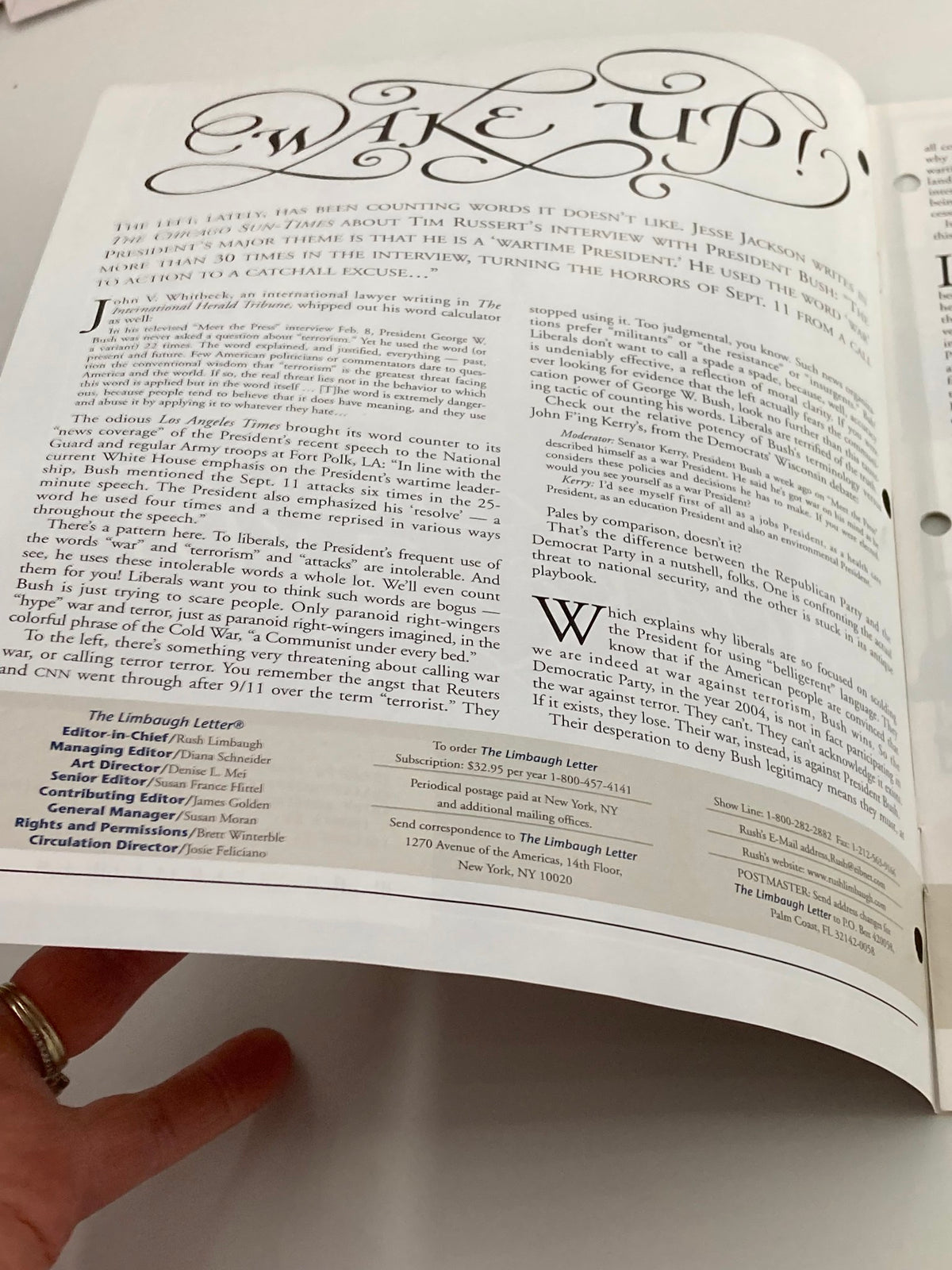 Interior page of the Rush Limbaugh Letter Newsletter Magazine February 2004 showcasing an article titled 'Wake Up!' in elegant typography, highlighting political commentary of the time.