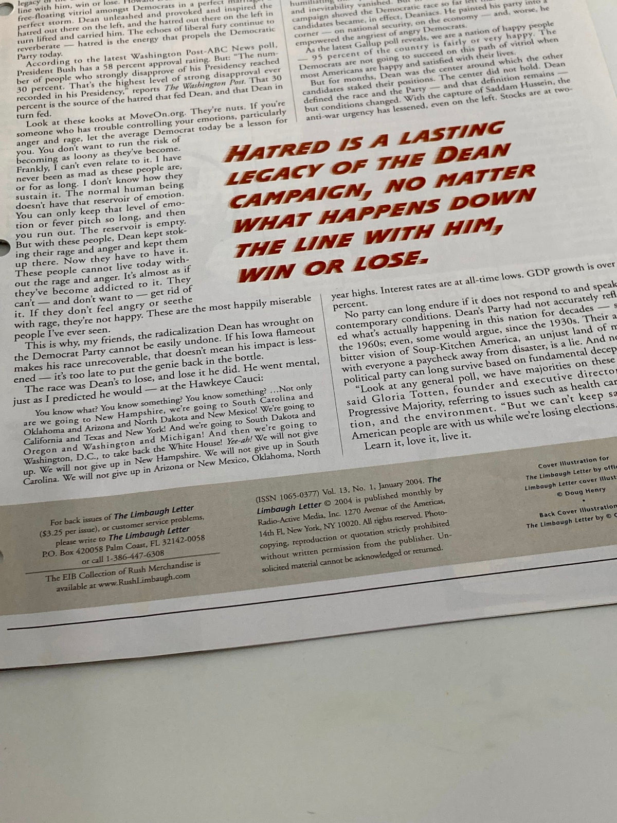 Interior page of the Rush Limbaugh Letter Newsletter January 2004, featuring commentary on the Dean campaign and the lasting impacts of political emotions. This vintage magazine is focused on the question 'Can Democrats Survive Dr. Dean?'