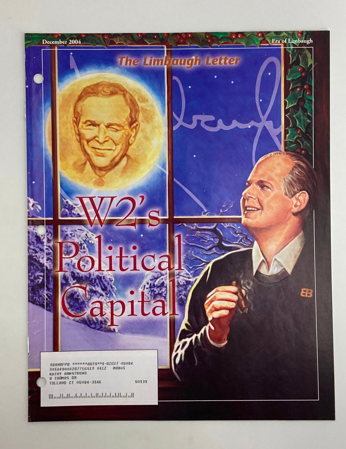 Rush Limbaugh Letter Newsletter Magazine December 2004 featuring George W. Bush's Political Capital cover, showcasing a festive design with an illustration of Bush against a moon backdrop.