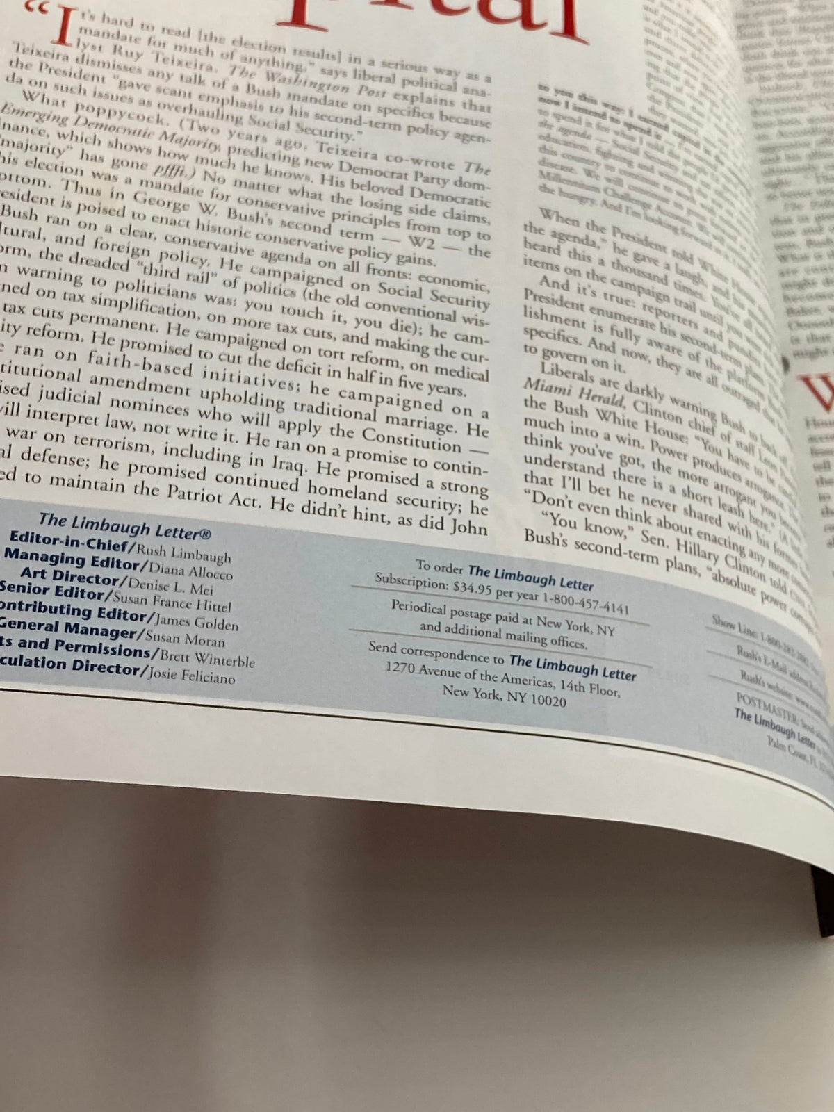 Inside page of the Rush Limbaugh Letter Newsletter Magazine December 2004, detailing editorial staff and publication information, reflective of the magazine's political commentary.