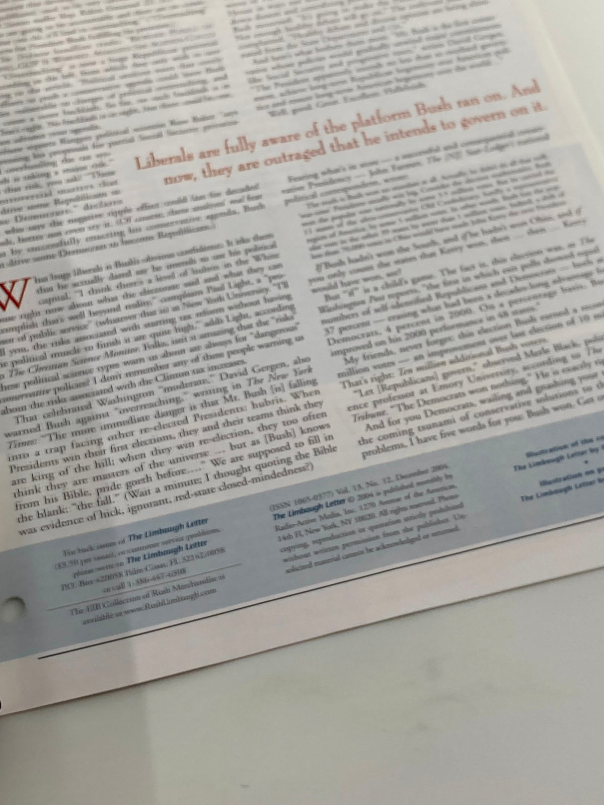 Text-heavy inside page of the Rush Limbaugh Letter Newsletter Magazine December 2004, containing critiques and analysis of Bush's policies, highlighting the magazine's conservative perspective.