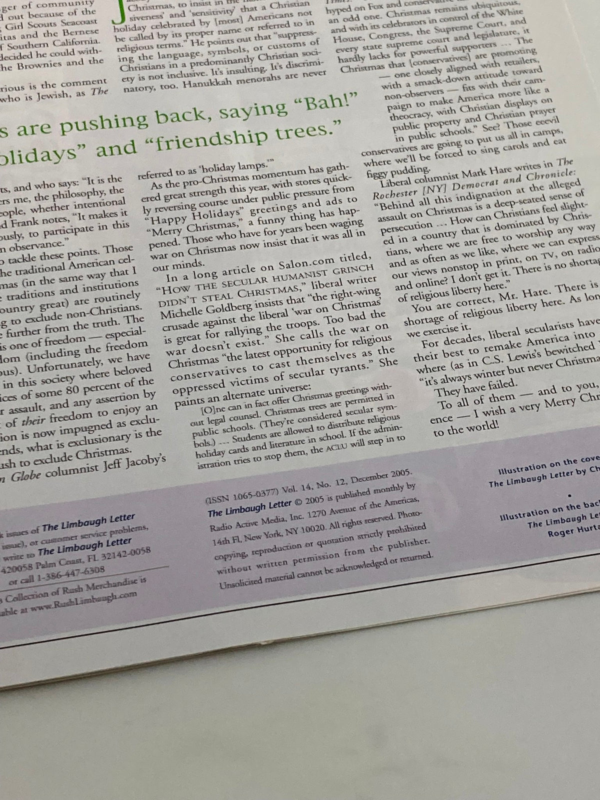 Detailed page from the December 2005 Rush Limbaugh Letter Newsletter Magazine featuring an article discussing Christmas traditions.