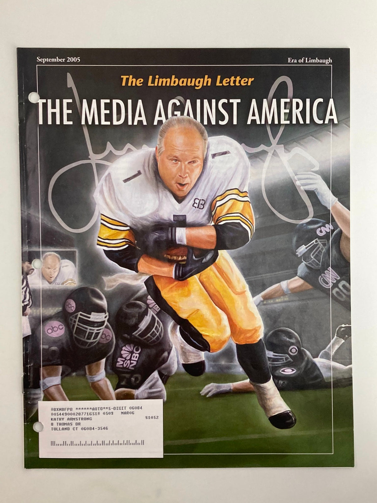 Rush Limbaugh Letter Newsletter Magazine September 2005 cover featuring 'The Media Against America' theme, with a dramatic illustration of a football player on the move against a backdrop of media imagery.