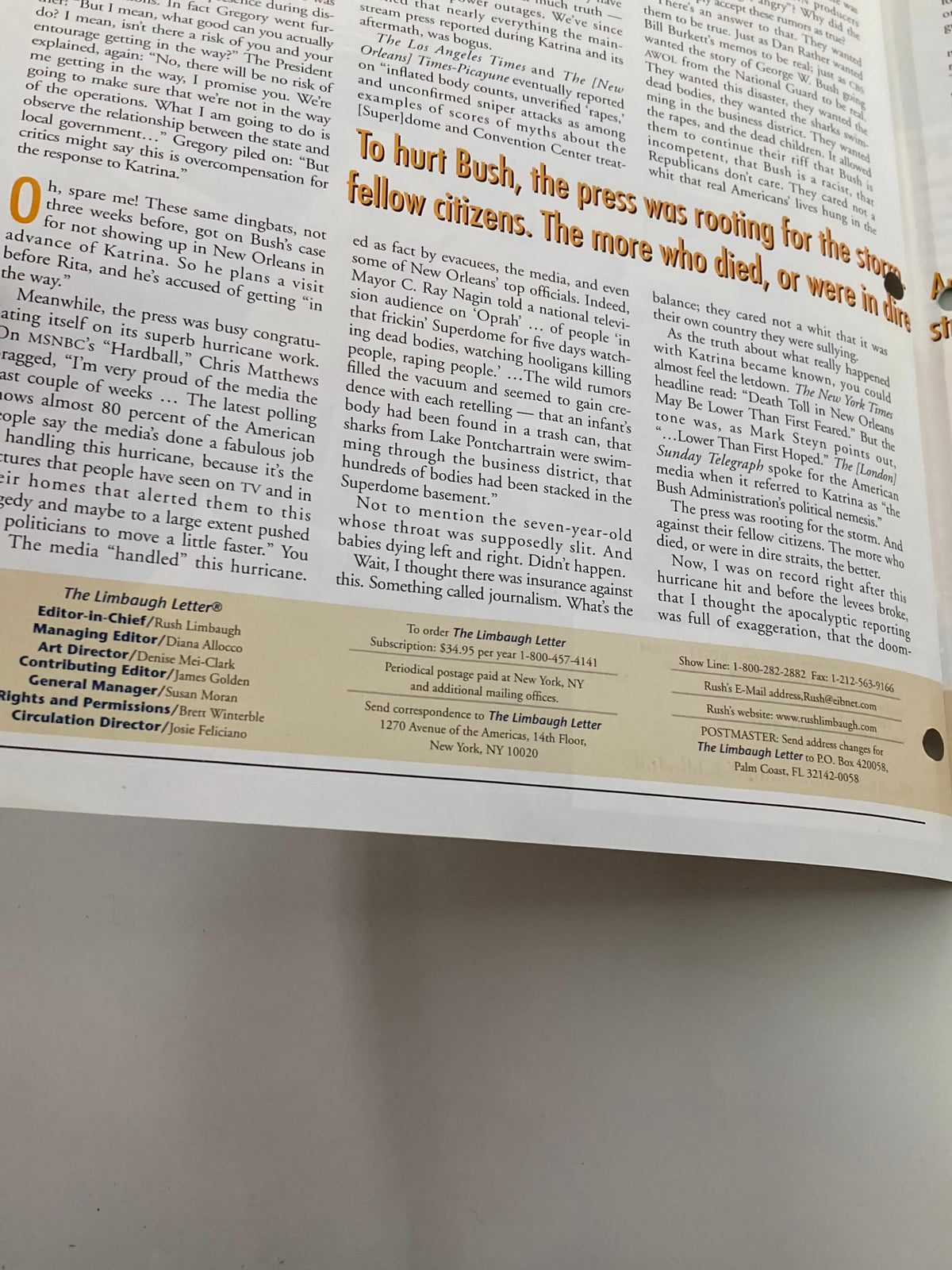 Inside page of the Rush Limbaugh Letter Newsletter Magazine September 2005, showcasing an article discussing media bias and its effects on politics during the early 2000s.