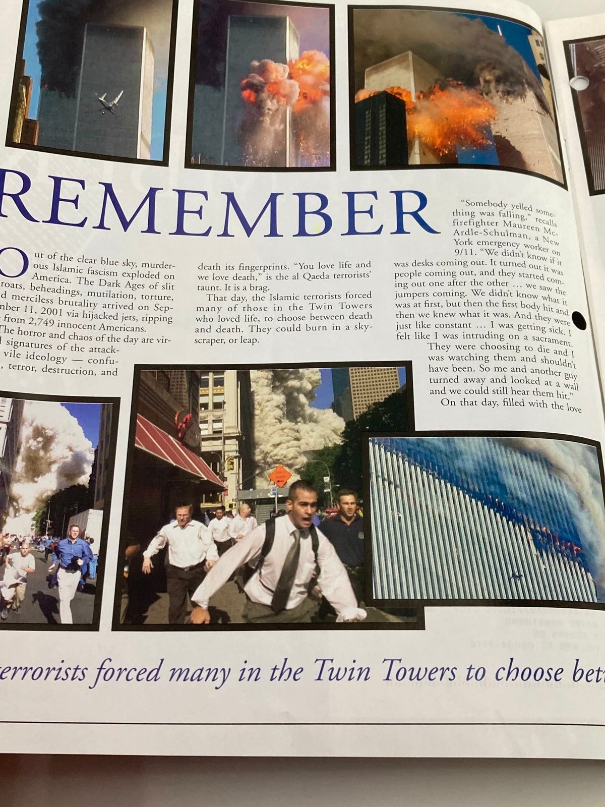 Rush Limbaugh Letter Newsletter Magazine August 2005 Remember The Twin Towers, depicting a dramatic scene showing individuals fleeing amidst the chaos, capturing the emotional impact of 9/11.