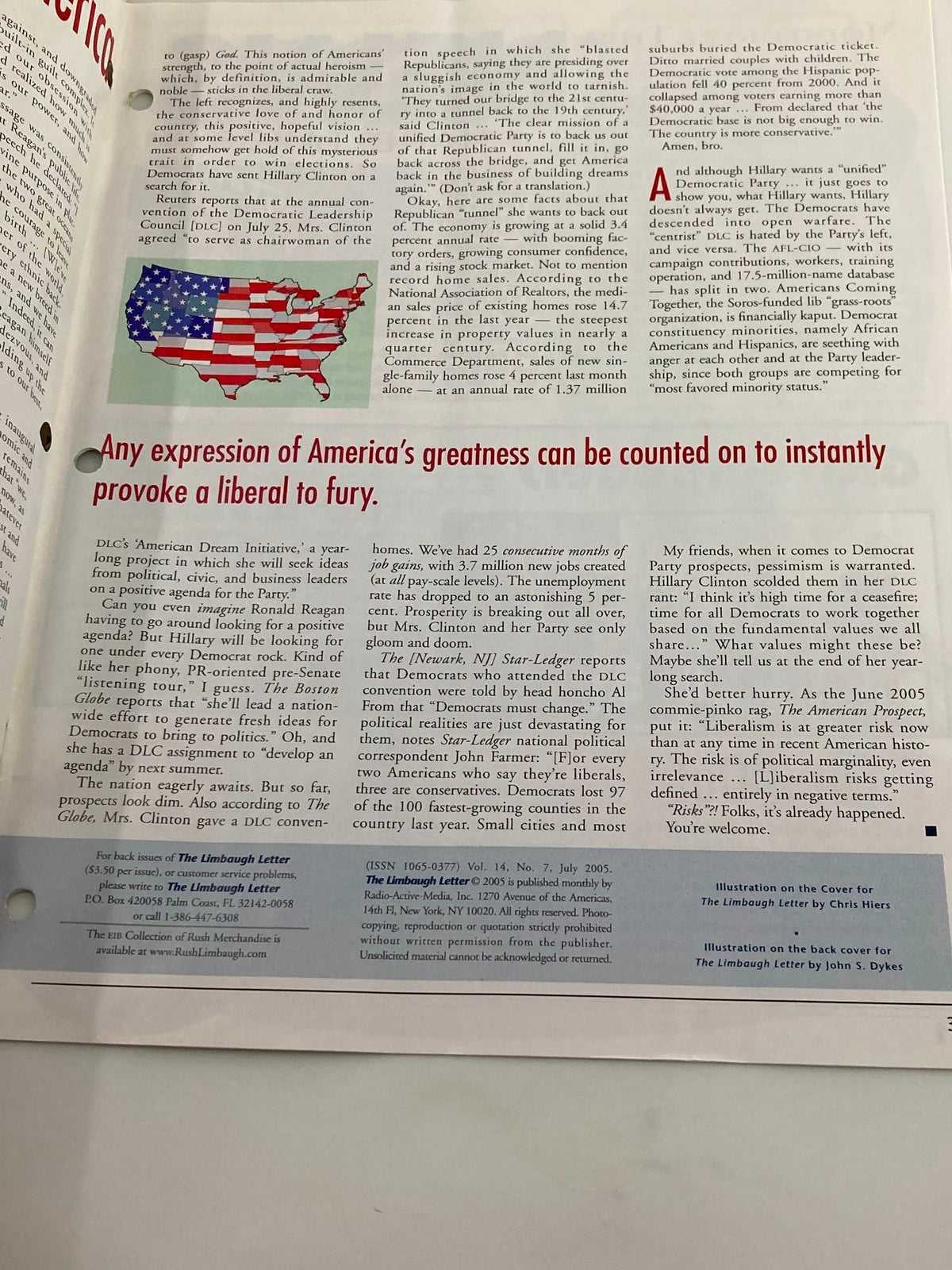 Another inside page of the Rush Limbaugh Letter Newsletter Magazine from July 2005, including a depiction of the American flag and commentary on the American political landscape.