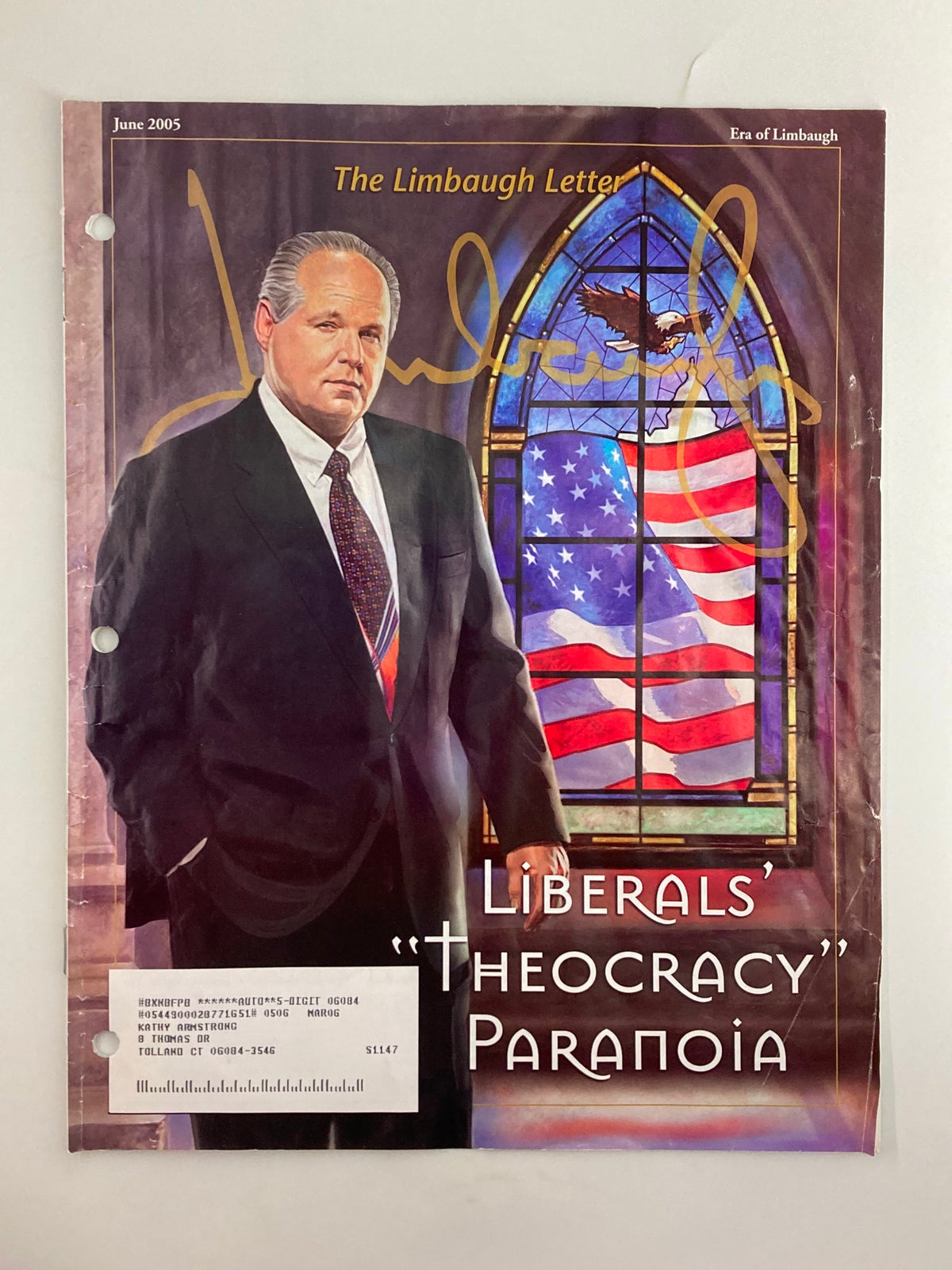 Cover of Rush Limbaugh Letter Newsletter Magazine June 2005 featuring the title 'Liberals' Theocracy Paranoia', with an illustrated portrait of Rush Limbaugh in front of a stained glass window displaying the American flag.