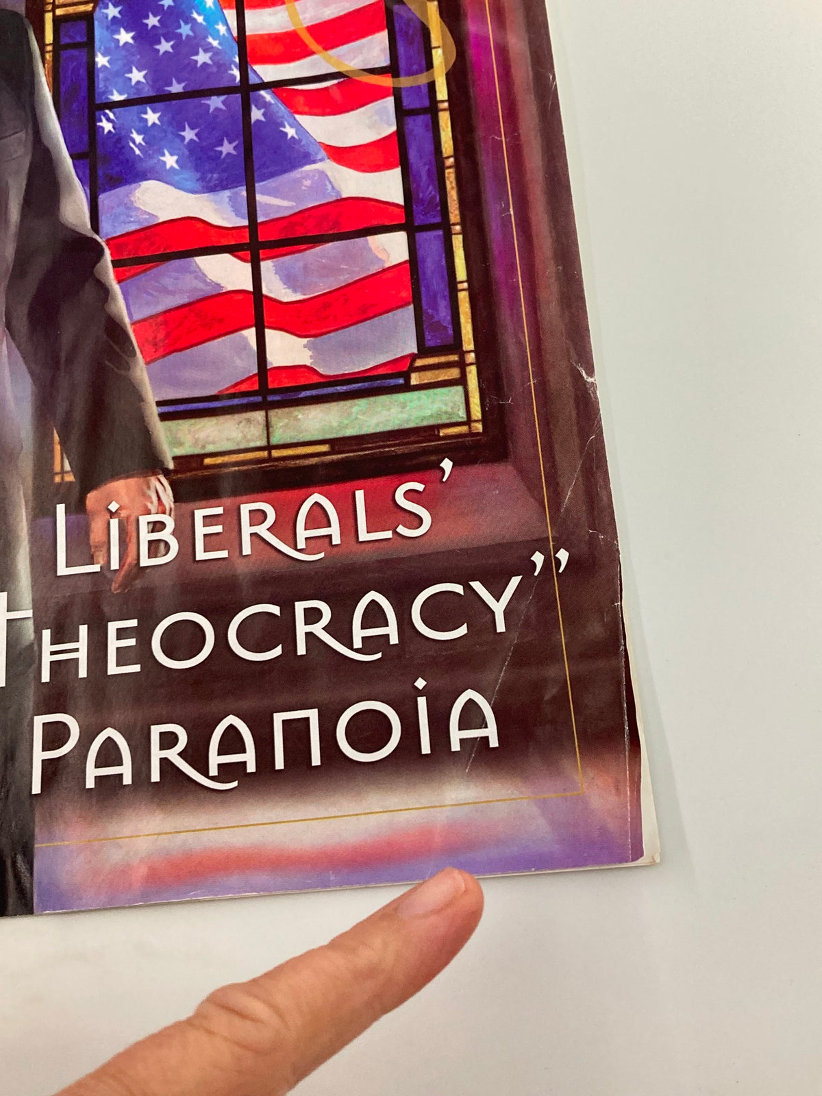Close-up detail of the Rush Limbaugh Letter Magazine June 2005 cover, highlighting the title 'Liberals' Theocracy Paranoia' and pointing gesture indicating wear on the magazine.