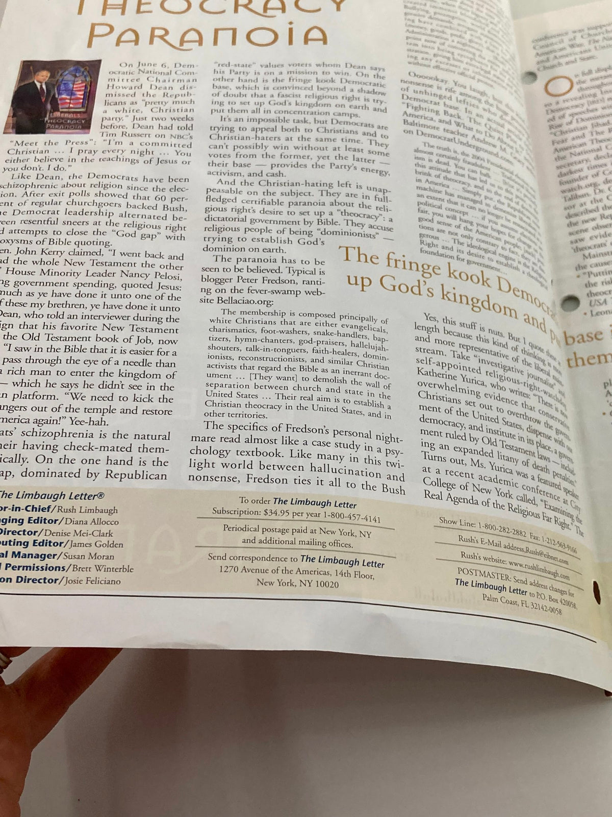 Interior page of the Rush Limbaugh Letter Magazine June 2005, containing text discussing themes of faith and politics under the headline 'Theocracy Paranoia'.