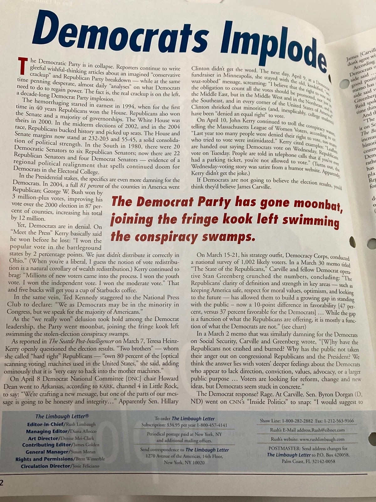 Inside page of the Rush Limbaugh Letter Newsletter Magazine April 2005 discussing the political commentary titled 'Democrats Implode' with details on the state of the Democratic Party.
