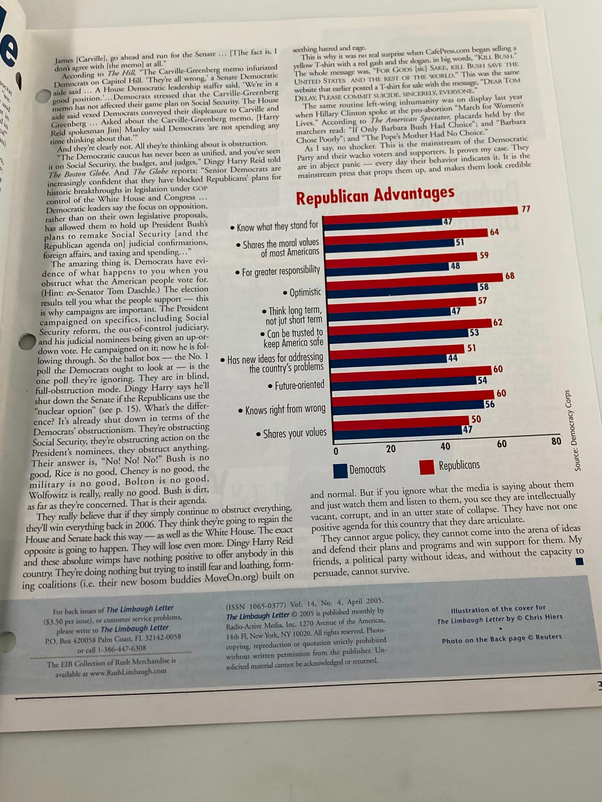 Another inside page of the Rush Limbaugh Letter Newsletter Magazine April 2005 highlighting Republican advantages in political discussions related to the article 'Democrats Implode'.