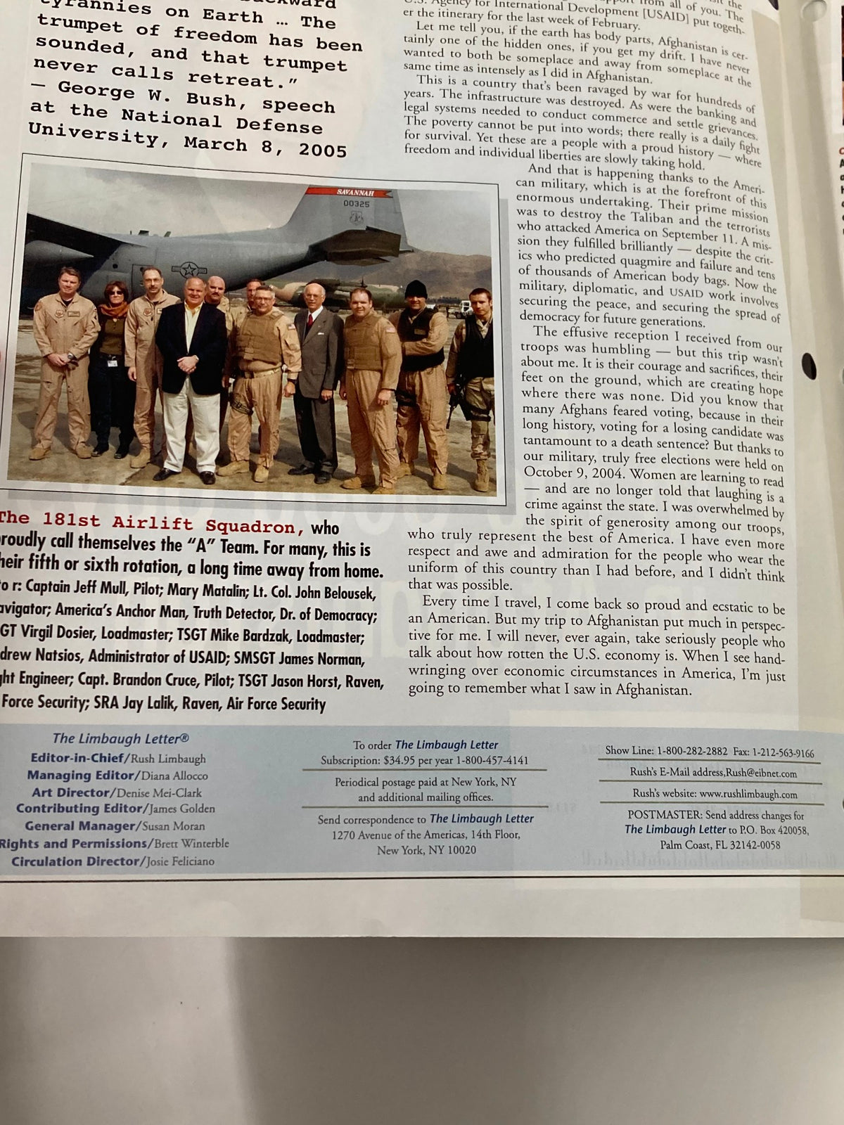 Interior page of the Rush Limbaugh Letter Newsletter Magazine March 2005 displaying a group photo of military personnel with President George W. Bush at the National Defense University, emphasizing the themes of patriotism and military support.