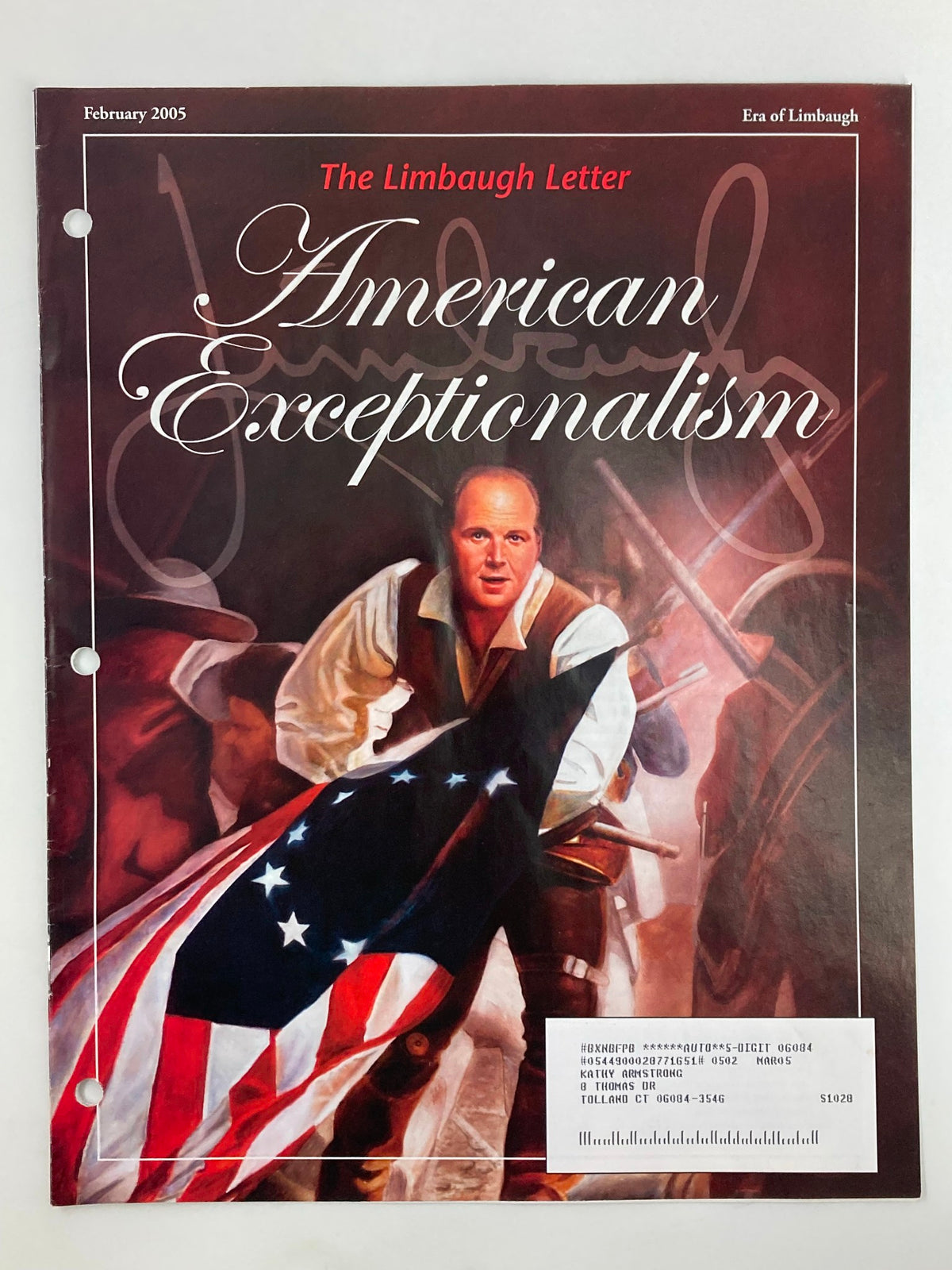 Cover of Rush Limbaugh Letter Newsletter Magazine February 2005 featuring the theme American Exceptionalism and a dramatic illustration depicting patriotic elements.