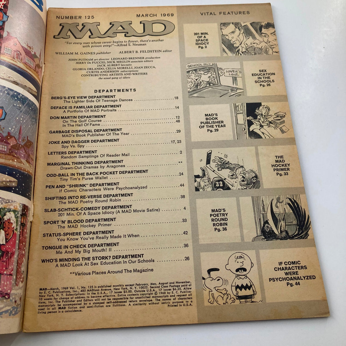 Interior page of Mad Magazine March 1969 No. 125 displaying the table of contents, highlighting various humorous sections and features.