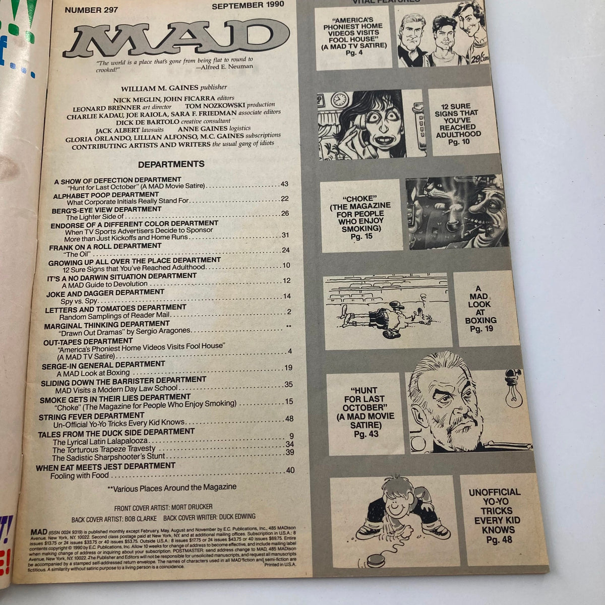 Mad Magazine September 1990 No. 297 table of contents featuring various humorous articles and sketches, showcasing the magazine's unique satire and style.