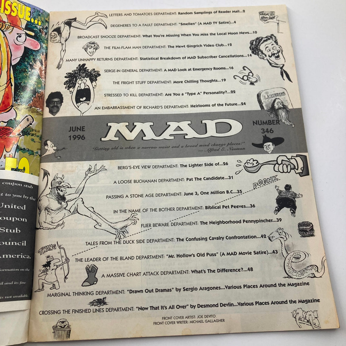 Inside page of Mad Magazine June 1996 No. 346 displaying the table of contents with quirky illustrations and feature titles highlighting the satirical content.