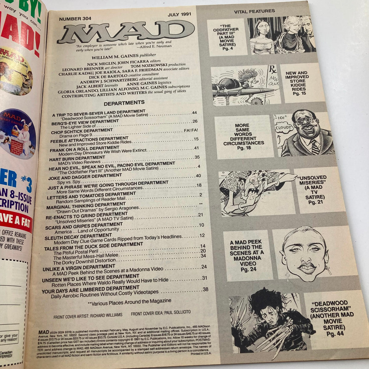 Interior page of Mad Magazine July 1991 No. 304, displaying the table of contents with various humorous articles and features characteristic of the magazine's satirical style.