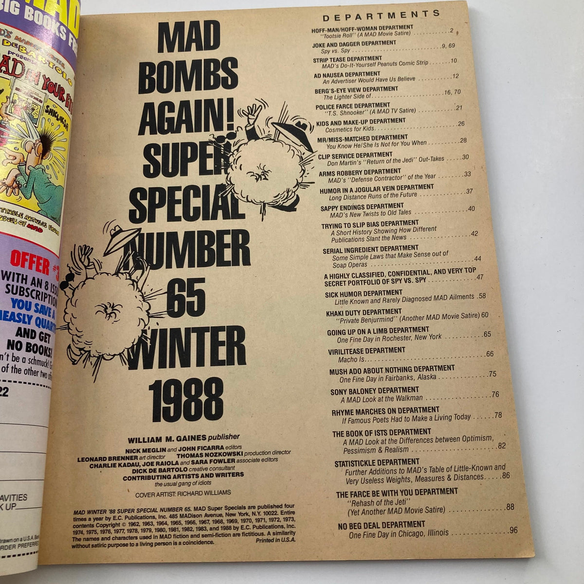 Interior page of Mad Magazine Winter 1988 Super Special No. 65: Bombs Again, displaying the table of contents and illustrating the magazine's unique content and humor.