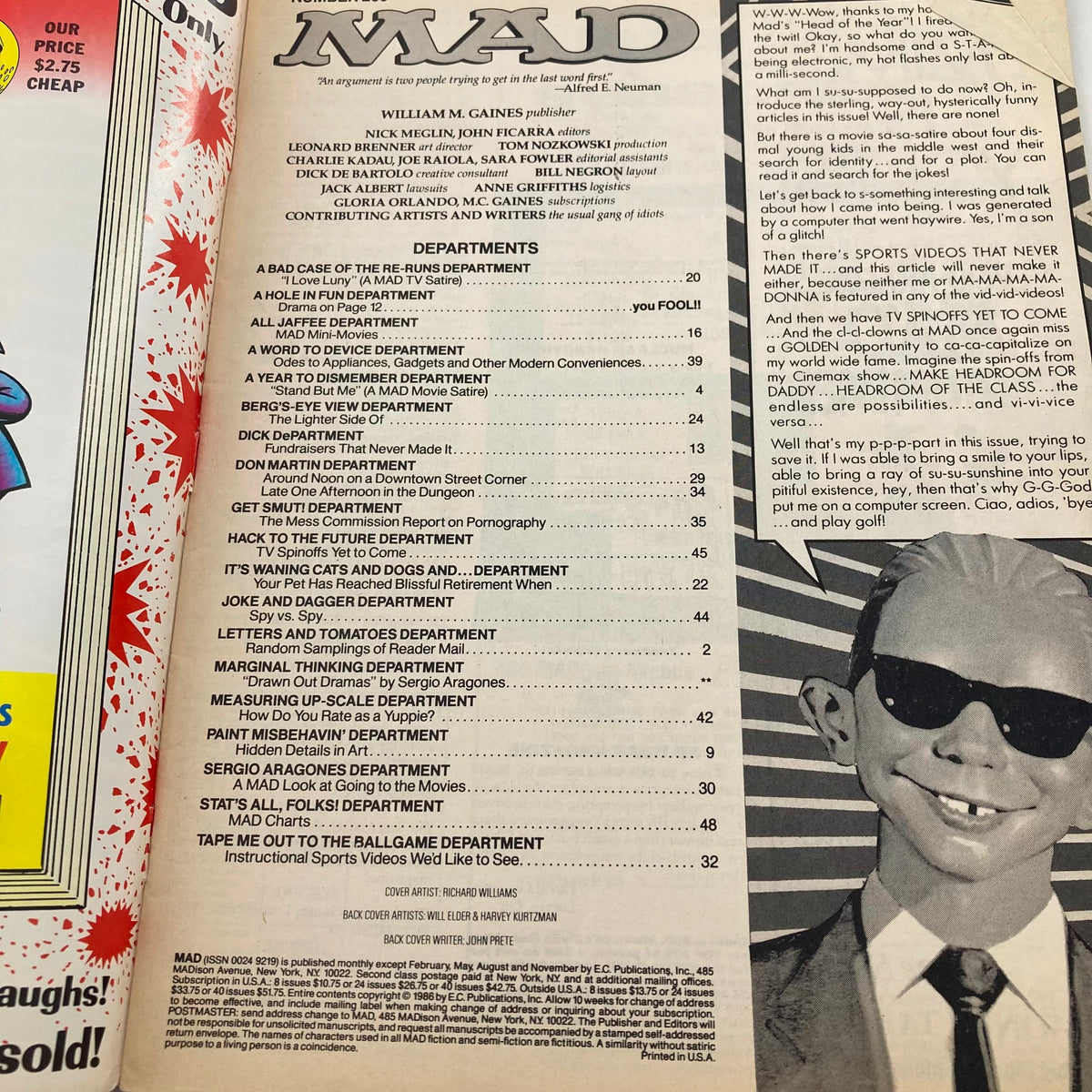 Interior page of Mad Magazine March 1987 No. 269 displaying various department listings and featuring Alfred E. Neuman, highlighting humorous content and witty satire.