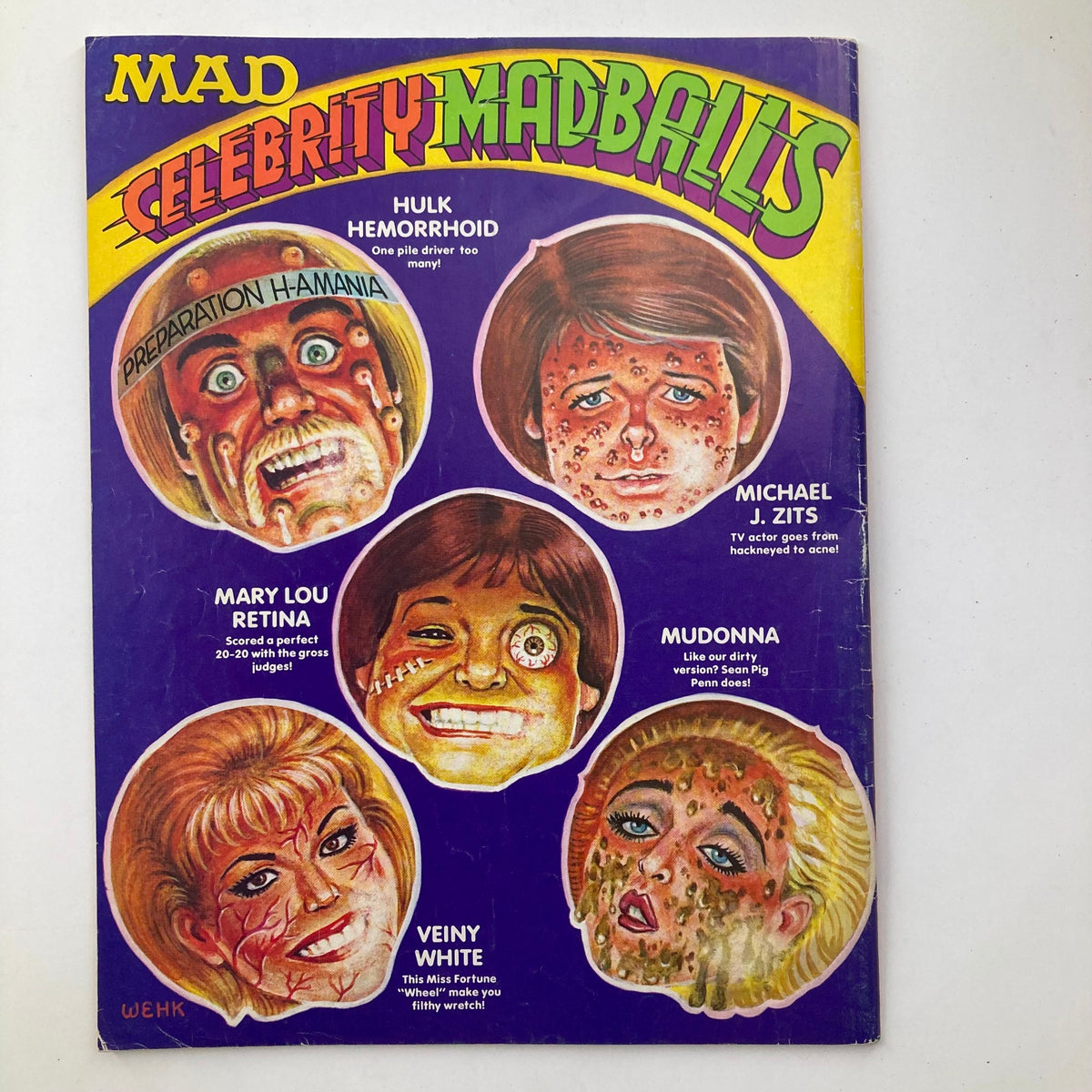 Cover of Mad Celebrity Madballs magazine with cartoonish depictions of parody celebrity faces, illustrating the humorous and quirky style of vintage Mad Magazine humor.
