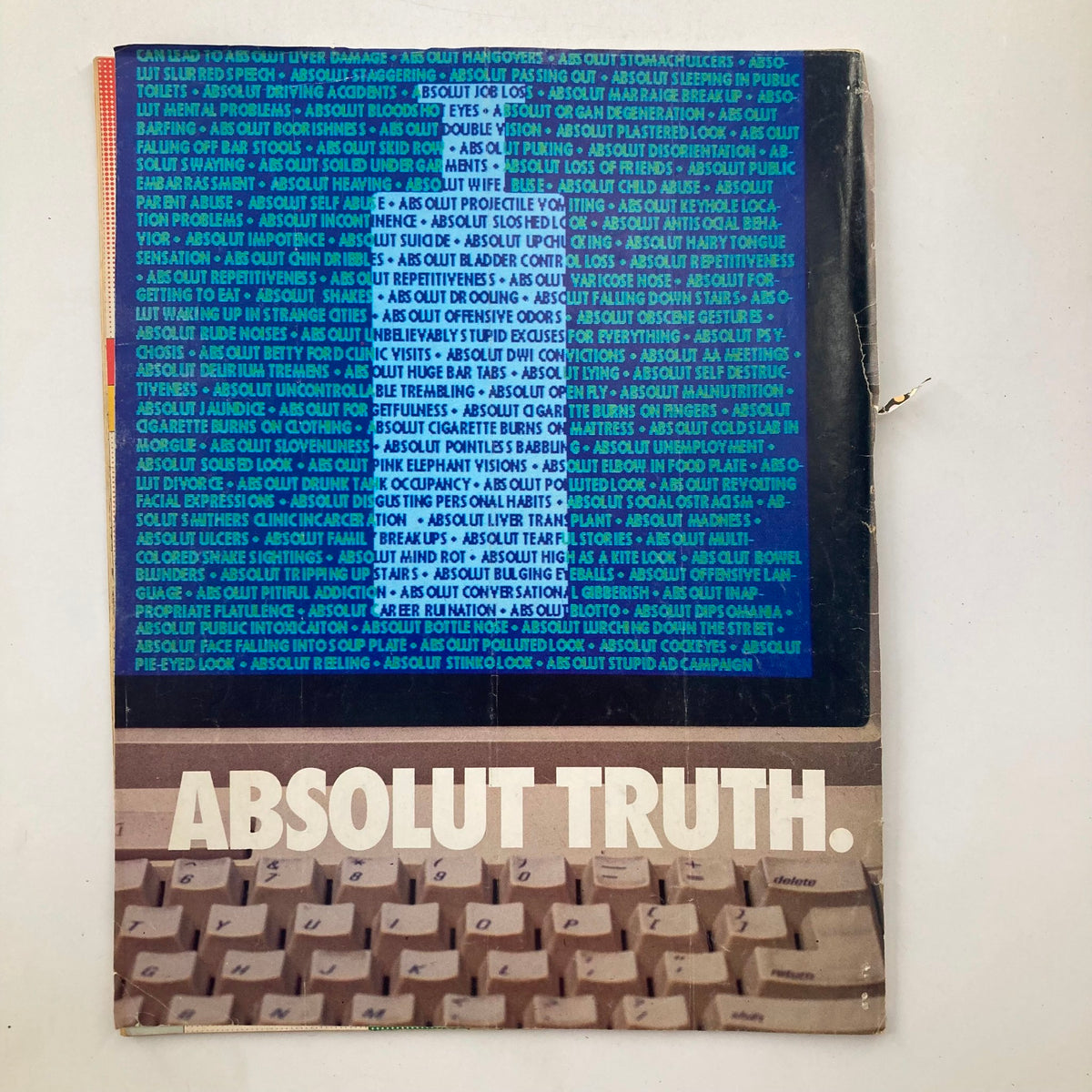 Back cover of Mad Magazine July 1990, Issue No. 296 displaying a humorous ad with the title "Absolut Truth," featuring colorful text and a keyboard image, enhancing its vintage appeal.