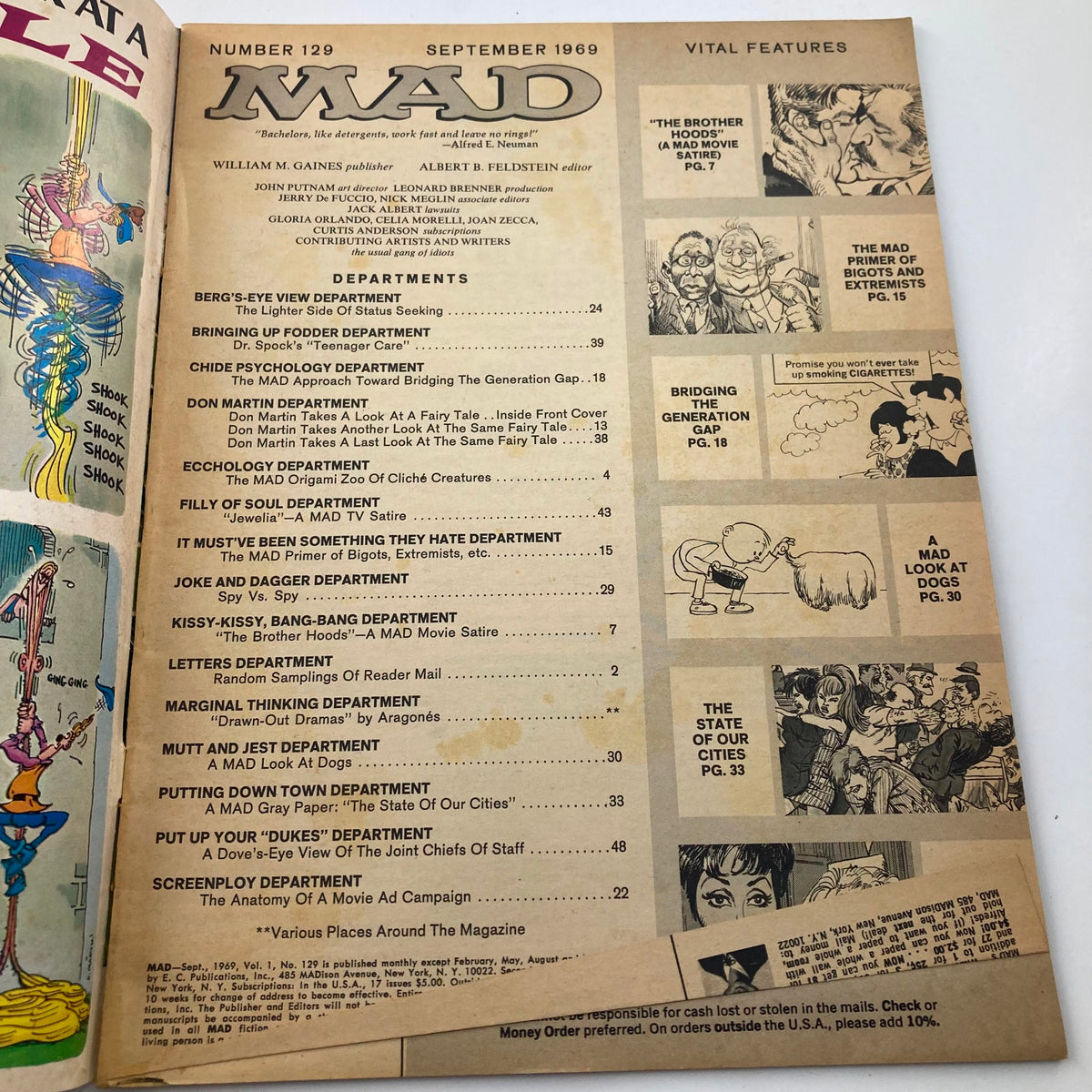 Inside spread of Mad Magazine September 1969 No. 129 showcasing the table of contents and vital features.