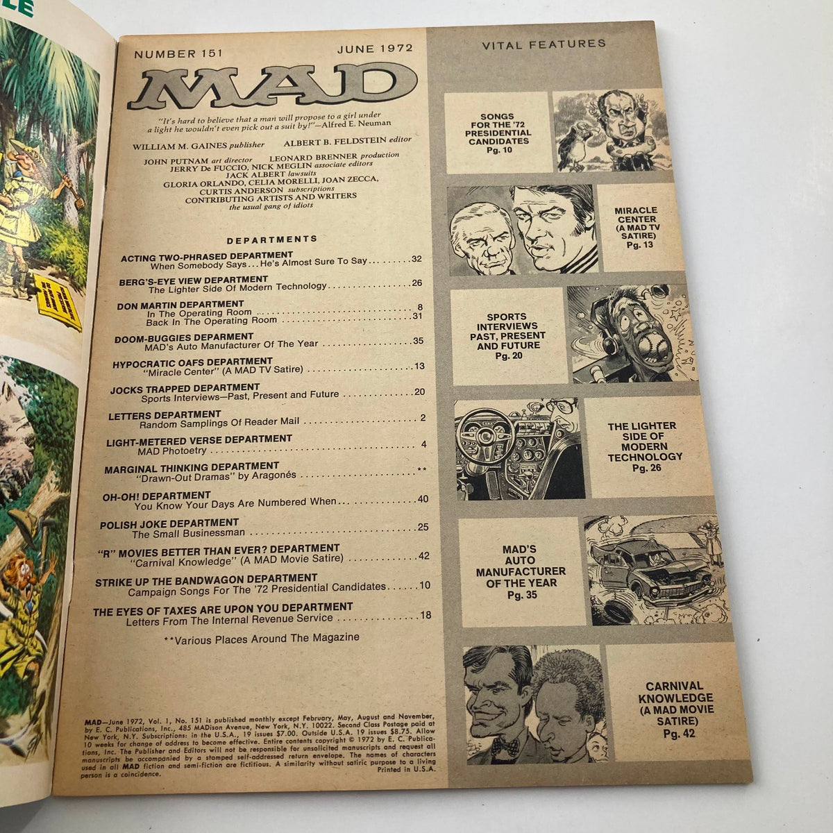 Inside page of Mad Magazine June 1972 No. 151 displaying the table of contents with various departments and features, highlighting the satirical nature of the magazine.