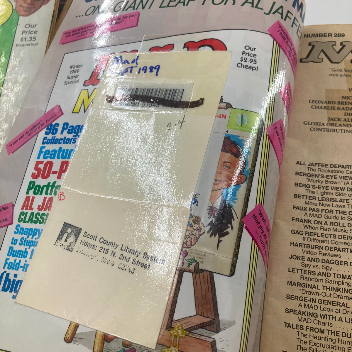 Additional page detail of Mad Magazine September 1989 No. 289 with library label, preserving its vintage magazine characteristic.