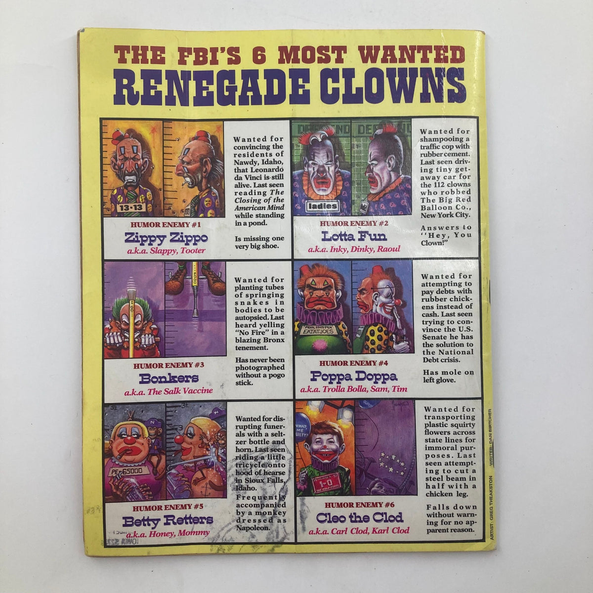 Cover of Mad Magazine September 1989 No. 289 featuring the FBI's Most Wanted Renegade Clowns including Zippy Zippo, Lotta Fun, Bonkers, Poppa Doppa, Betty Retters, and Cleo the Clod