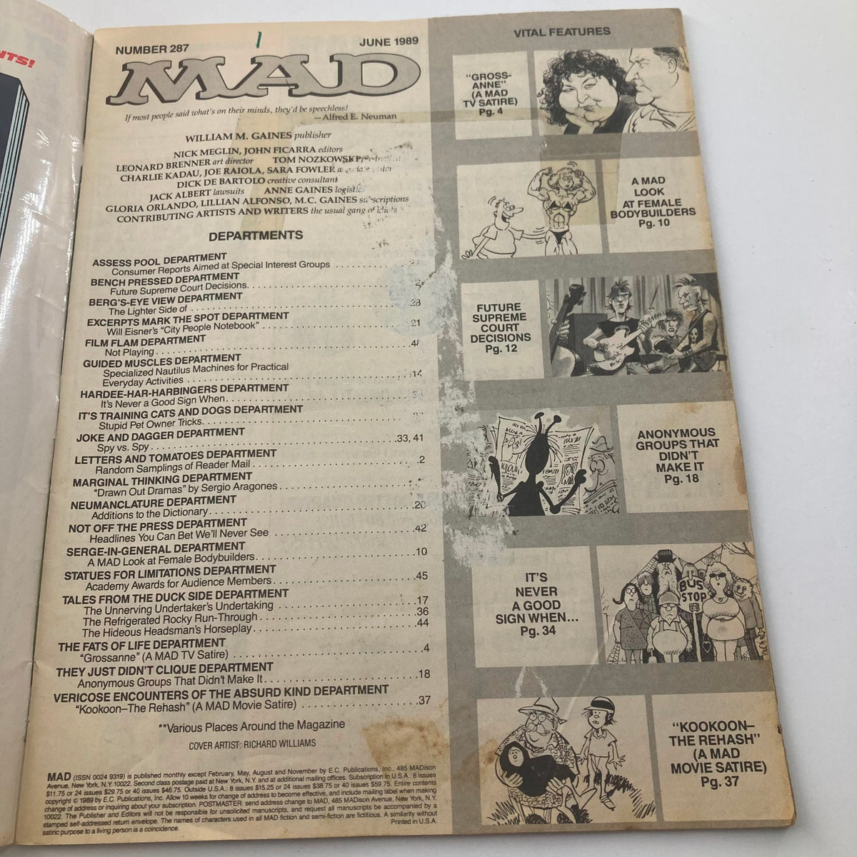 Inside page of Mad Magazine June 1989 No. 287 with the table of contents listing various humorous articles and features.