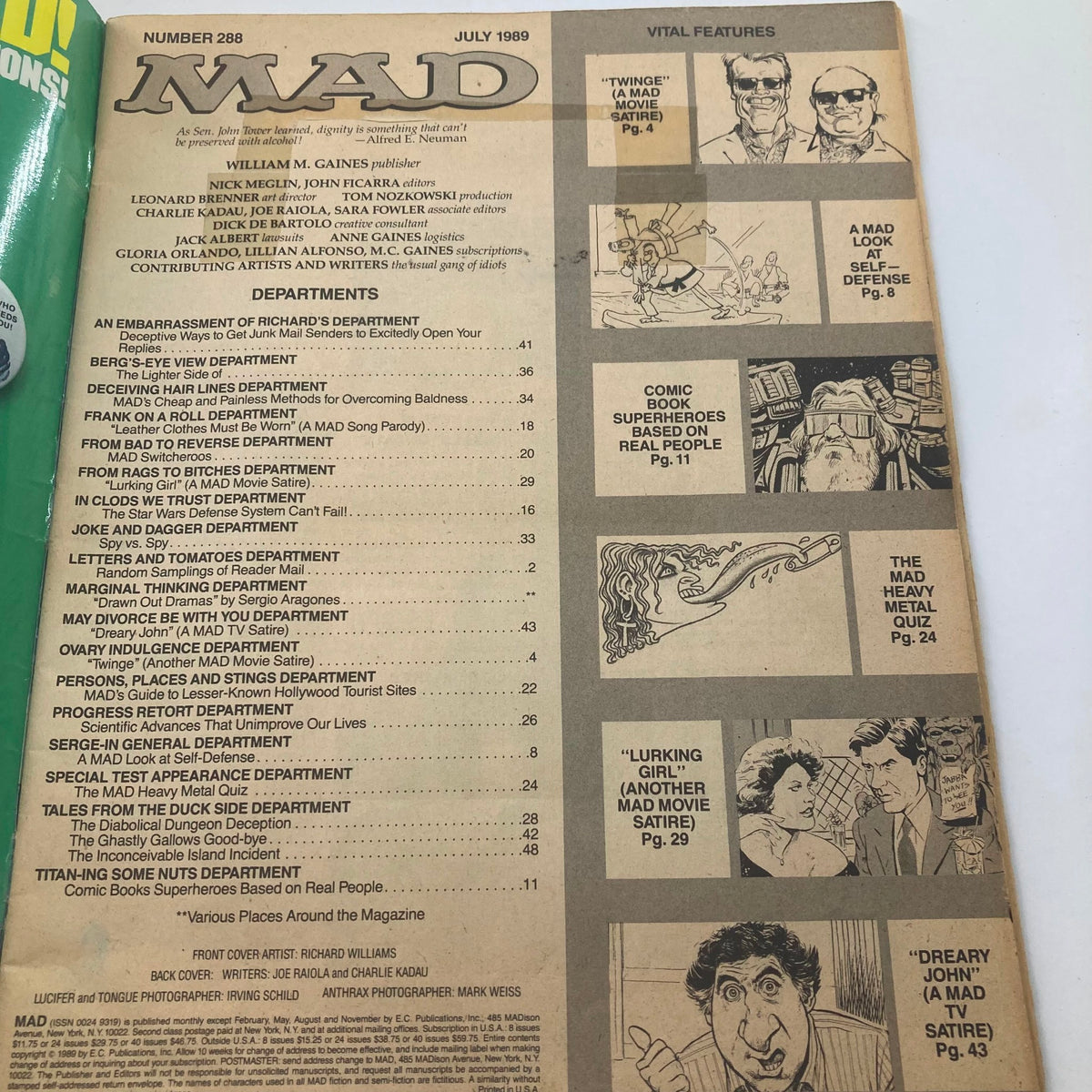 Inside pages of Mad Magazine July 1989 No. 288, detailing vital features and departments of the special Heavy Metal issue.
