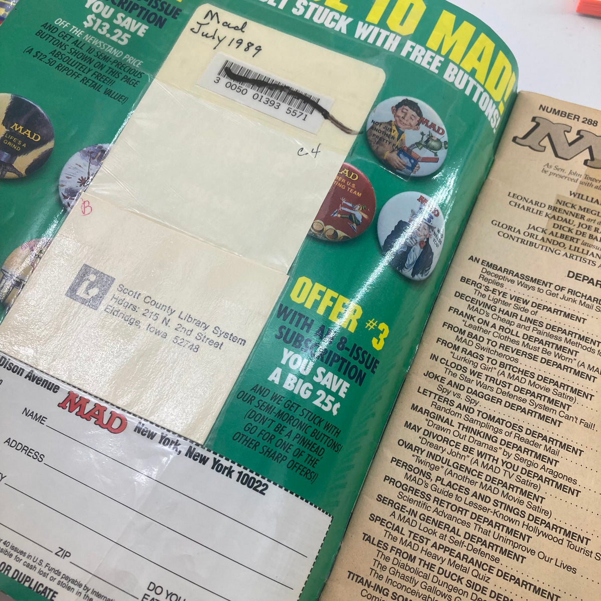 Subscription offer page from Mad Magazine July 1989 No. 288, featuring promotional content and buttons alongside the magazine's vital feature list.