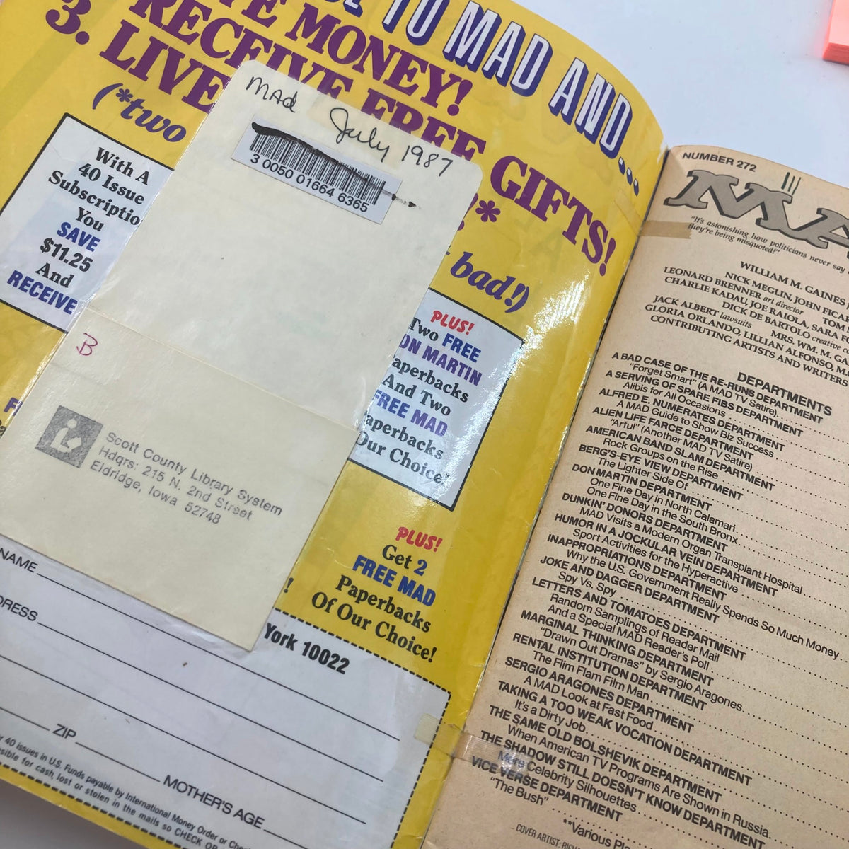 Inside cover of Mad Magazine July 1987, No. 272, showcasing subscription offers and promotional content.