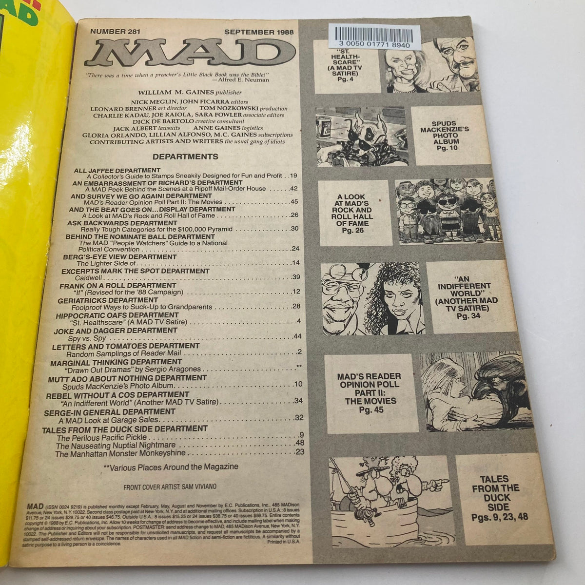 Back cover of Mad Magazine September 1988 No. 281, featuring the magazine's departments and humorous sections, themed 'St. Health Scare 2.0', showcasing classic Mad humor.