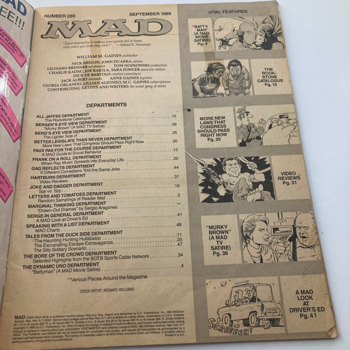 Inside page of Mad Magazine September 1989 No. 289 displaying the table of contents and departments.