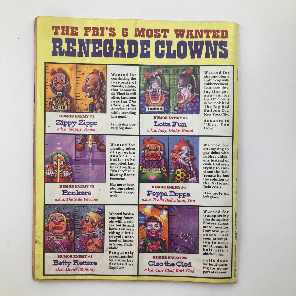 Back cover of Mad Magazine September 1989 No. 289 illustrating humorous wanted ads for fictional clowns.