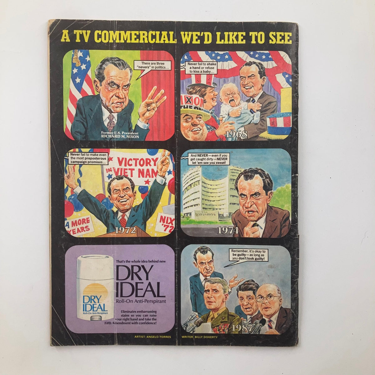 Back cover illustration from Mad Magazine March 1988 No. 277, depicting a satirical TV commercial concept featuring political figures.