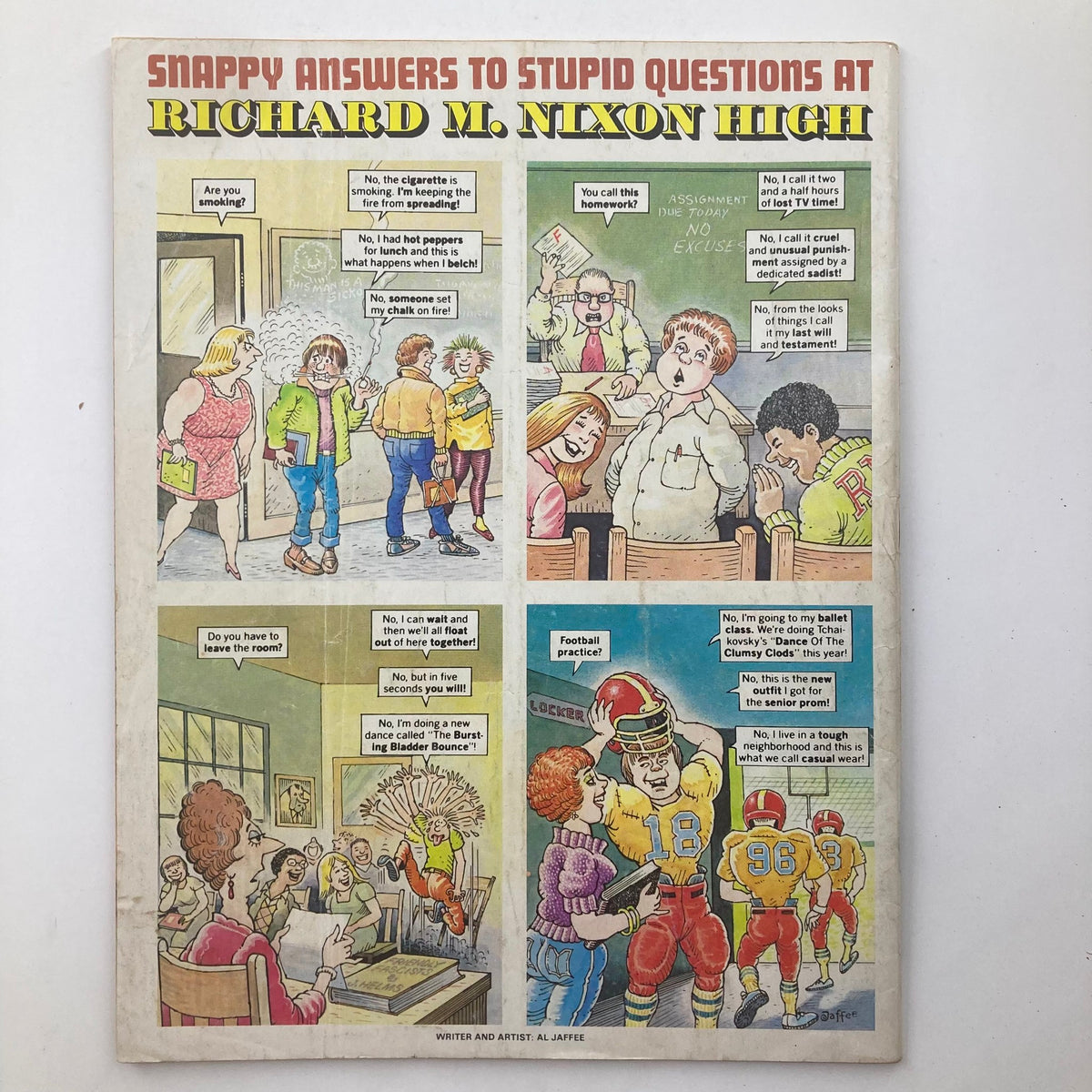 Back page of Mad Magazine January 1987 No. 268 presenting a comic feature titled 'Snappy Answers to Stupid Questions at Richard M. Nixon High', showcasing classic Mad Magazine humor.