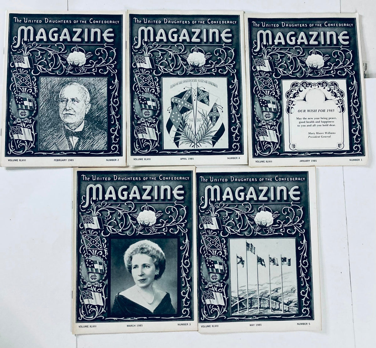 Five vintage issues of The United Daughters of The Confederacy Magazine, including covers from February 1985, April 1985, and more, highlighting historical themes.